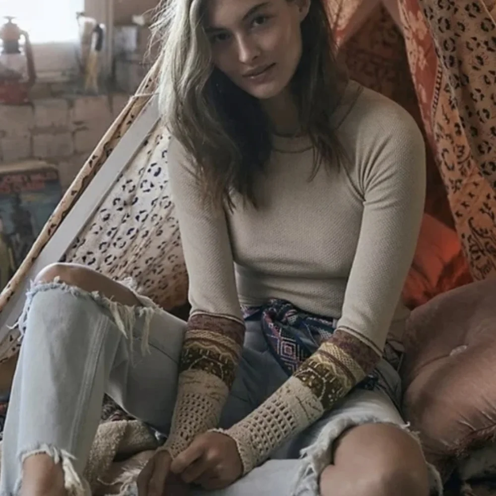 NWT Free People Women Mix Thermal Cuff Boho Hobo Gypsy Y2K Top Sweater